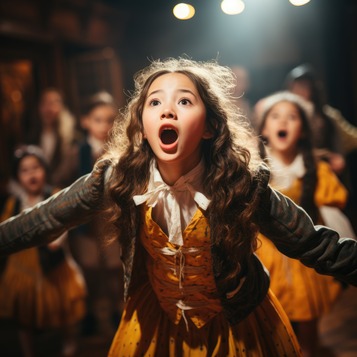 niños y niñas actuando en obra de teatro escolar en el escenario